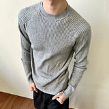 Pit Strip Design Men's Tees Long Sleeved Casual Knitting Round Collar Tops Slim Solid Color Male T-shirts Summer