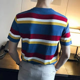 Vintage Knitted Striped T-shirts Mens Summer Casual Slim Fit O Neck Jumper Tops Men Short Sleeve Fashion Knit T Shirt Streetwear