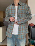 Casual Shirts Men Loose Long Sleeve Handsome Spring Autumn Daily Plaid Streetwear Fashion Korean Style Unisex Turn-down Collar