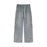 Star Embroidered Men's Jeans Baggy Straight Elastic Waist Denim Pants Fashion High Street Hip Hop Streetwear Y2K Male Trousers