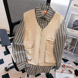 Japanese Spring/Autumn Retro Stripe Fake Two Piece Splicing workwear Shirt for Men and Women Loose Couple Retro Casual Top y2k
