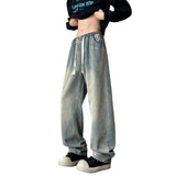Men's Jeans Elastic waist pull rope Korean Fashion Spring Straight Denim Pants Washed Cotton Retro Wide Leg Jean Trousers