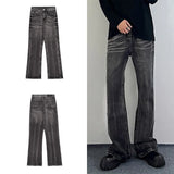 Men Daily Popular Bell Bottom Jeans Male Chic Black Gray Lines Design Denim Pants Baggy Vintage Wash Straight Leg Denim Trousers