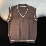Sweater Vest Men Spring V-neck Japanese Vintage Striped College Knitted Fashion Loose All-match Ins Sleeveless Simple Clothing