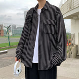 Autumn New Striped Shirt Handsome Long Sleeve Pocket Design Men's Clothing Button Loose Streetwear Casual Korean Autumn