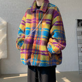Patchwork Color Striped Iambskin Jackets Men's Women's Casual Harajuku Winter Thick Warm Coats Couples Hip Hop Streetwear