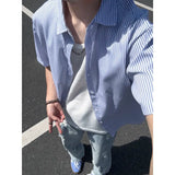 Summer Short Sleeved Shirt Men Black Blue Casual Shirt Men Streetwear Korean Loose Striped Shirt Mens Formal Dress Shirts