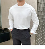 New Autumn Fashion Men T-shirt Light Luxury Solid Color Long Sleeve Tops Leisure Streetwear Casual O Neck Basic Shirts M-3XL