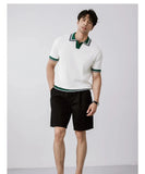 New Japanese Trendy Men Polo Shirt Light Luxury Slim-fit V Neck T-shirt Leisure Patchwork Short Sleeve Tops Retro Knitwear M-3XL