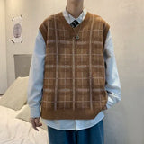 Sweater Vest Men Japanese Plaid V-neck Knitwear Fashion All-match Sleeveless Spring Soft Ins Clothing Classic Minimalist Stylish