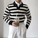 American Chic Striped Men Polo Sweater Luxury Trendy Business V Neck Knit Solid Color Pullover Leisure Slim Long Sleeve Knitwear