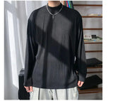 Long Sleeved T-shirt Men Casual Pleated T Shirt Men Japanese Streetwear Loose Ice Silk T Shirt Mens Stand Up Collar Tshirt