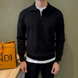 Autumn Casual Men Polo Sweater Light Luxury Zip-up Solid Color Long Sleeve Knitted Pullover Daily Commuting Basic Knitwear M-3XL