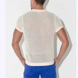 Summer Mens Hollow Out Knit Polo Shirts Sexy See Through Short Sleeve V-lapel Tops Fashion Mesh Loose Casual T-shirt Streetwear