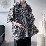 Brown/Gray Leopard Printed Shirt Men Loose Breathable Men's Shirts Summer Male Shirt High Street Casual Short Sleeve Tops