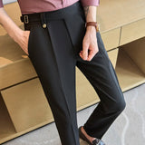 Men's Fashion High Waist Suit Pants England Style Slim Fit Long Toursers Male Quality Daily Work Casual Bottoms Wear Adjustable