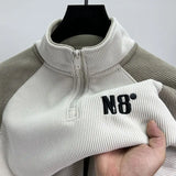 High-end Half-high Neck Zipper Sweatshirt Men's Velvet Thickened Trendy Color-blocking Raglan Sleeves Youth Long-sleeved T-shirt