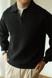 New American Chic Men Polo Sweater Luxury Trendy Business V Neck Knit Solid Color Pullover Leisure Slim-fit Long Sleeve Knitwear