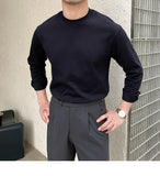 New Autumn Fashion Men T-shirt Light Luxury Solid Color Long Sleeve Tops Leisure Streetwear Casual O Neck Basic Shirts M-3XL