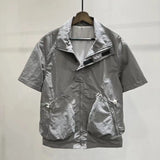 Workwear Lapel Shirt Men's Summer Three-dimensional Large Pocket Drawstring Short-sleeved Jacket Loose Casual Sports Shirt Top