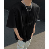 Men Pleated Chic T Shirt Solid Color O-neck Short Sleeve Casual Tshirt Men Clothing Streetwear 2025 Summer Fashion Camisetas