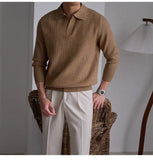 Men's American Retro Polo Sweater Luxury Trendy Business V Neck Knit Solid Color Pullover Leisure Slim-fit Long Sleeve Knitwear