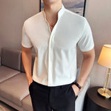 Chinese Style Standing Collar Short Sleeved Men Shirt Summer Solid Casual Elastic Slim Fit Shirt Fashionable Men Clothing