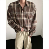 Autumn Long Sleeved Shirt Men Fashion Retro Plaid Shirt Men Japanese Streetwear Loose Brown Casual Shirts Mens Large Size 4XL