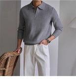 Men's American Retro Polo Sweater Luxury Trendy Business V Neck Knit Solid Color Pullover Leisure Slim-fit Long Sleeve Knitwear