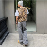 Men Leopard Print Vests Spring Fashion V-neck Paper Clip Simple Sleeveless Loose Simple Casual Streetwear Male Waistcoats