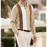 British Retro Men's Knitted Polo Shirt Light Luxury Patchwork Slim-fit Long Sleeve T-shirts Autumn Leisure Business Tops M-3XL