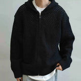 Y2K Mens Hollow Solid Color Knitted Breathable Hooded Sweater Autumn Student Campus Trend Japanese Outerwear Men's Clothing