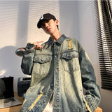 Denim Jackets Men Washed Distressed Raw Edge Hole Autumn Turn-down Collar American Style High Street Retro Baggy Males Overcoats