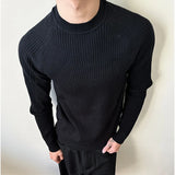 Pit Strip Design Men's Tees Long Sleeved Casual Knitting Round Collar Tops Slim Solid Color Male T-shirts Summer
