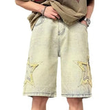 Star Patchwork Yellow Clay Color Jeans Summer Men Denim Shorts Trendy Streetwear Five-point Pants Straight Jeans Shorts