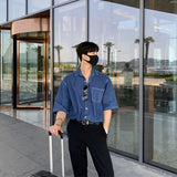 Summer Men's Clothing Luxury Denim Short-sleeved Pocket Shirt Leisure Button-down Korean Popular Streetwear Stylish