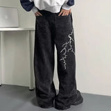 Cyber Y2K Streetwear Embroidery Lightning Black Baggy Jeans Pants Men 90S Vintage Clothes Wide Leg Hip Hop Long Trousers