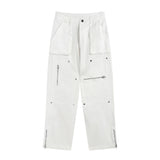 Hip Hop Vibe Heavy Functional Cargo Trousers for Men Fashionable Rivets Zipper Split Adjust Micro Flare Pants White Male Clothes