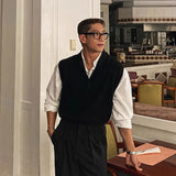 New Korean Fashion Polo Neck Men Sweater Vest Light Luxury Retro Business Knitted Sleeveless Waistcoats Leisure Premium Knitwear