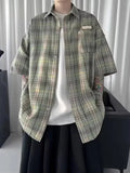 Summer Y2K Vintage Short Sleeve Shirt For Men Loose Appliques Polos Lapel Plaid Tee Shirts New High Street Pocket Blouse
