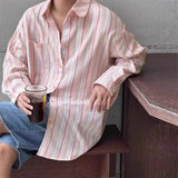 New Japanese Vintage Men Striped Shirts Luxury Casual Trendy Long Sleeve Cardigan Tops Fashion Leisure Macaron Sunscreen Blouse