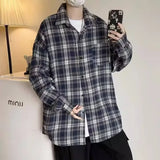 Simple Men Plaid Shirts Loose Korean Style Spring Long Sleeve Vintage Single Breasted Harajuku Casual Hipster Students Ins Chic