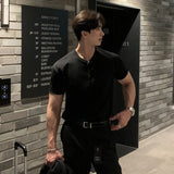 Men's Luxury Henry Collar T-Shirt Vintage Casual Button Down Solid Color Short Sleeve Tees for Men Breathable Premium Clothing