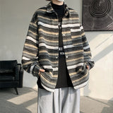 Fashion Striped Contrast Color Bomber Jackets Coats Men Long Sleeve Turn-down Collar Jacket Autumn Streetwear Black/Coffee
