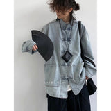 Chinese Style Denim Jacket Spring Autumn Denim Jacket Gradient Washed Japanese Casual Large Pocket New Chinese Tang Style Jacket