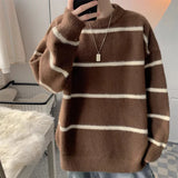 New Korean Trendy Men Sweater Light Luxury Knitted Drooping Stripe O Neck Long Sleeve Pullover Casual High Street Knitwear M-3XL