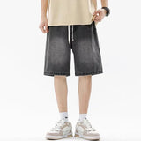 Men Casual Denim Shorts Male Comfortable Elastic Waist Straight Leg New Soft Short Pants Light Blue Loose Baggy Wide Leg Jeans