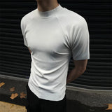 Sports Fitness Mens Slim Ribbed T Shirt Summer Casual Solid Color Knit T-shirts For Men Fashion Short Sleeve Mock Neck Tops