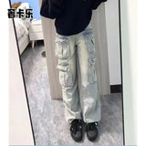 American style trendy retro multi pocket denim workwear pants men and women summer new popular washed wide leg casual pants y2k