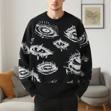 New American Trendy Men Sweater High Street Dark Eyes Printed Knit O Neck Long Sleeve Pullover Casual Loose High Street Knitwear